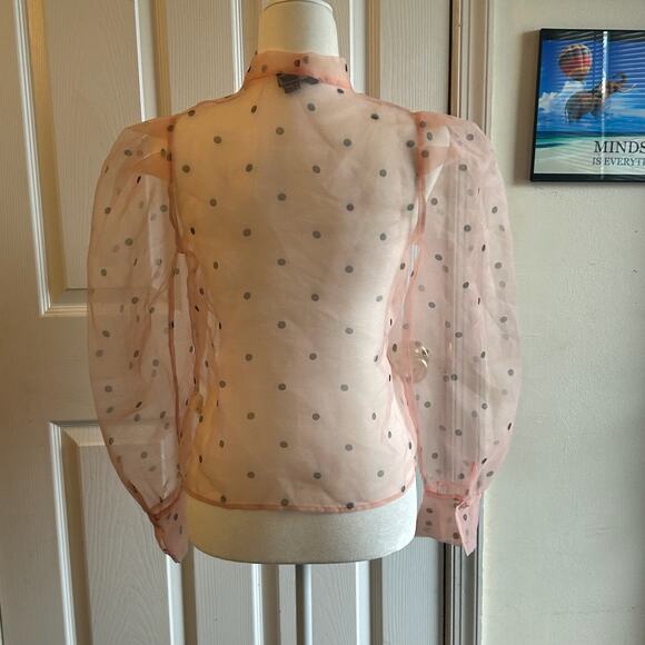 Forever 21 Sheer Pink Puff Sleeve Black Polka Dot Top Blouse Ties at Neck S - Picture 5 of 9